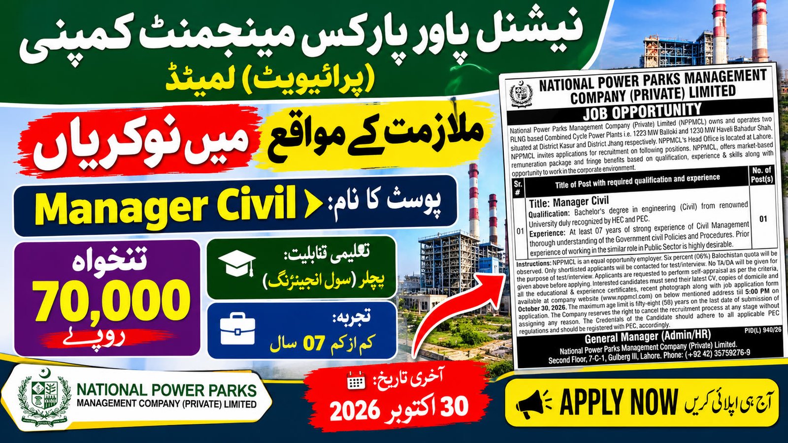 NPPMCL Jobs 2026 in Lahore – Manager Civil Vacancy